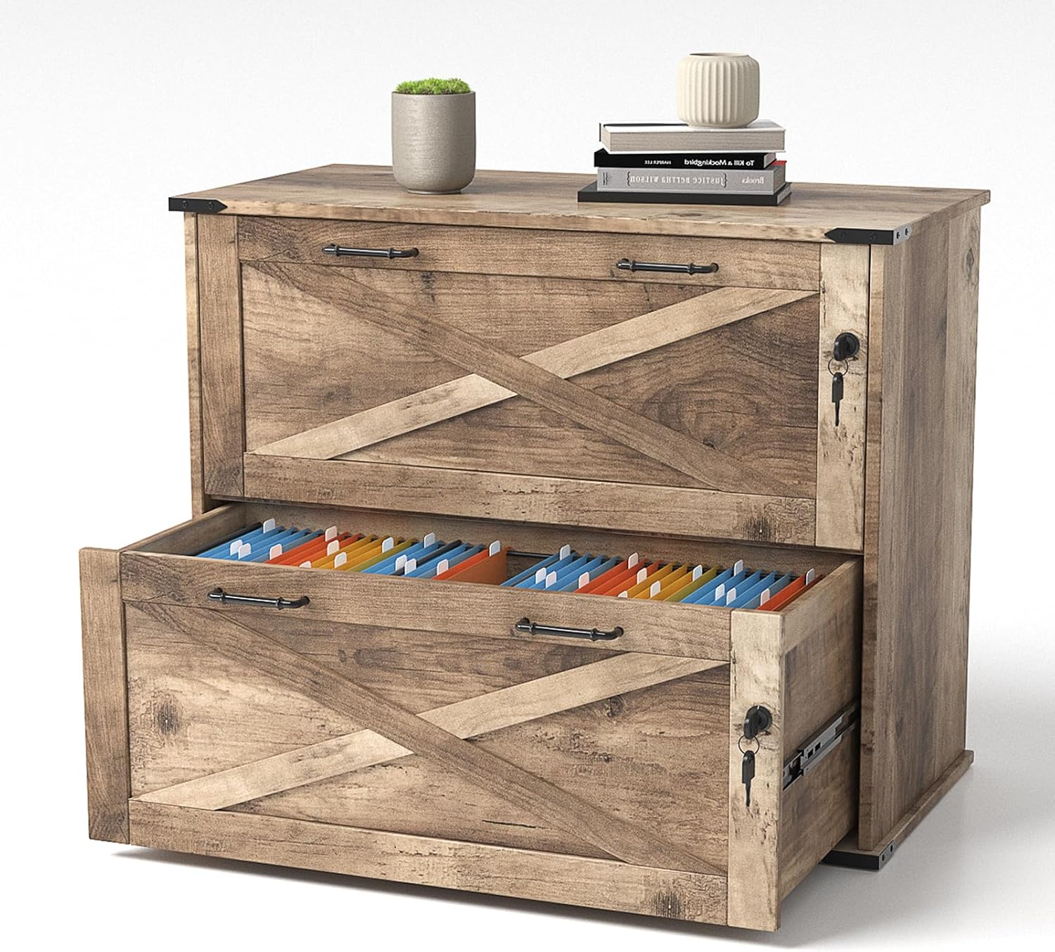 Rustic Gray Farmhouse Locked 2-Drawer Lateral File Cabinet