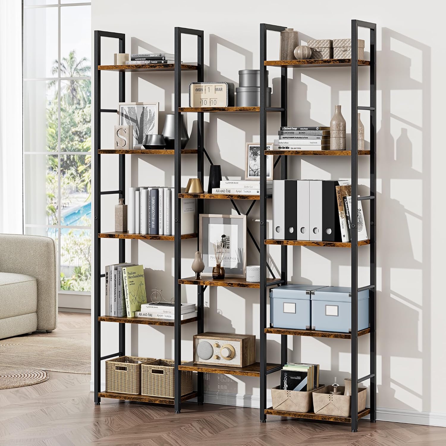 Brown Rustic Wood Metal 5-Tier Display Bookshelf