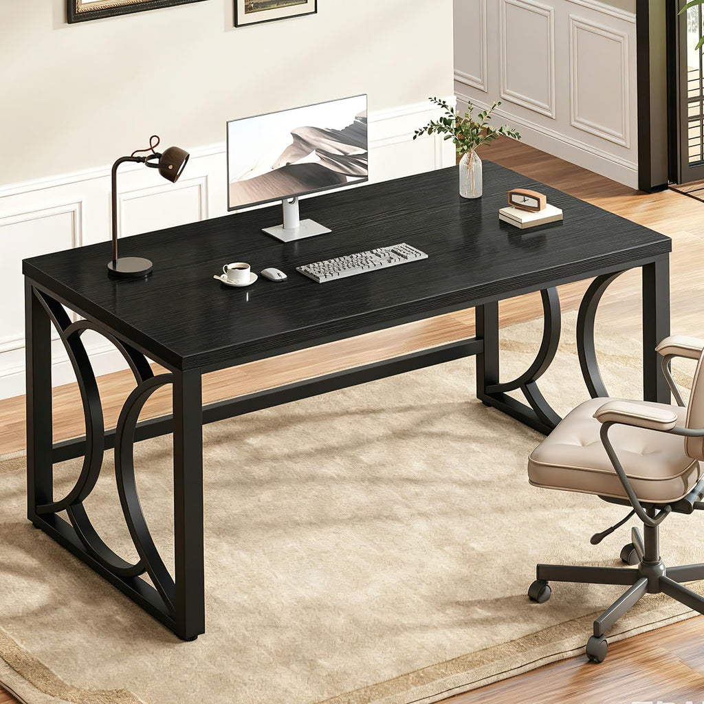 55 Inch Industrial Black Metal Wood Computer Desk