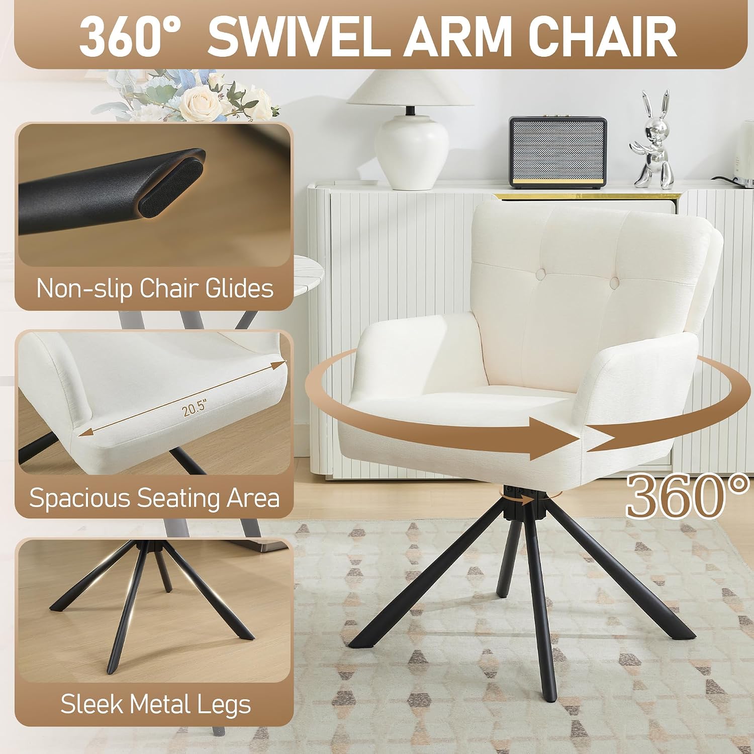 White Fabric Mid Back Swivel Dining Chair