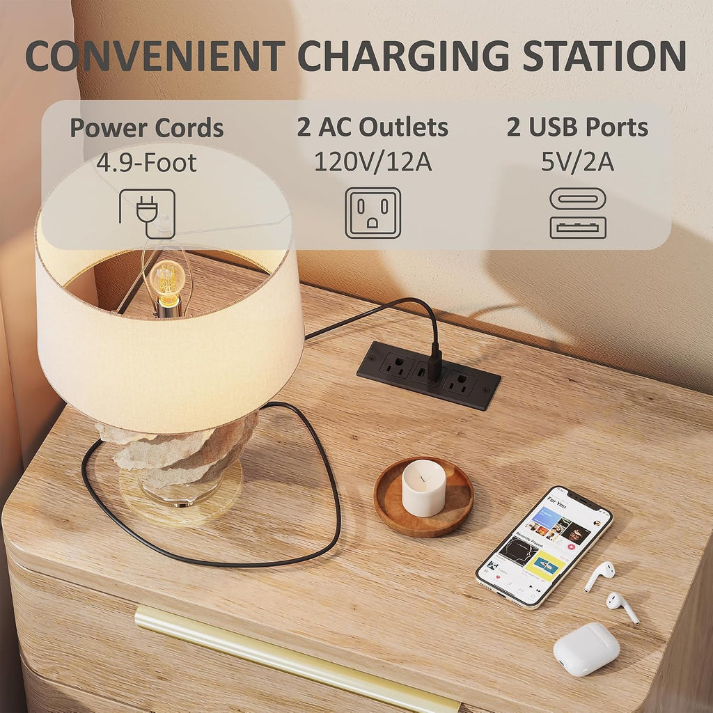 Set of 2 Charging Station 3-Drawer Wood Nightstands