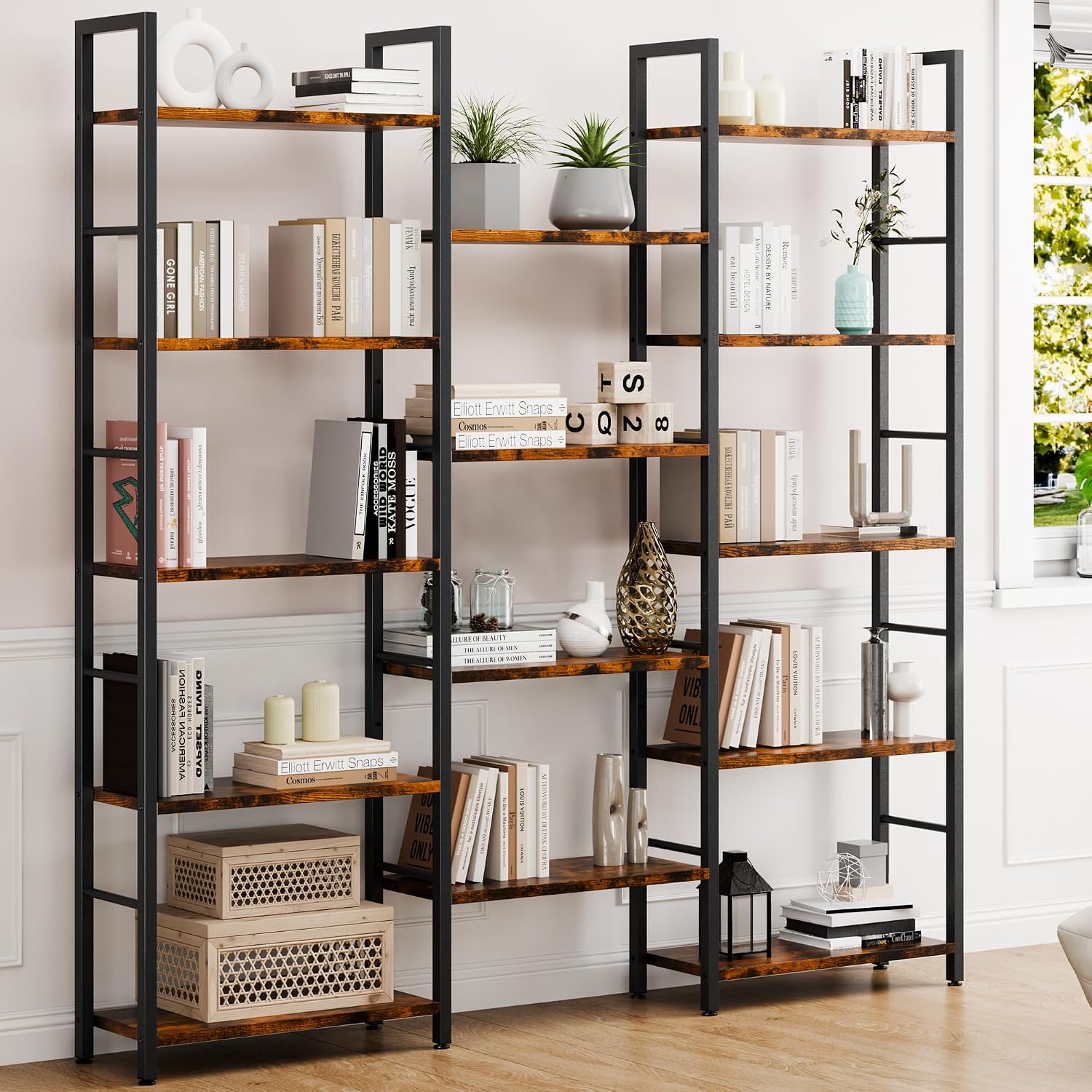 Brown Industrial Wide Triple Bookshelf