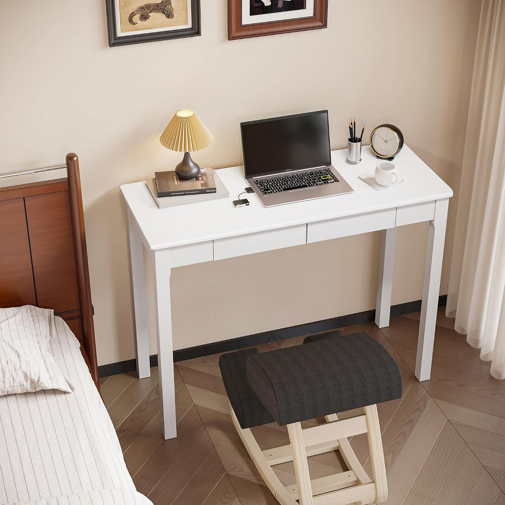 White Rubber Wood Desk with Drawers