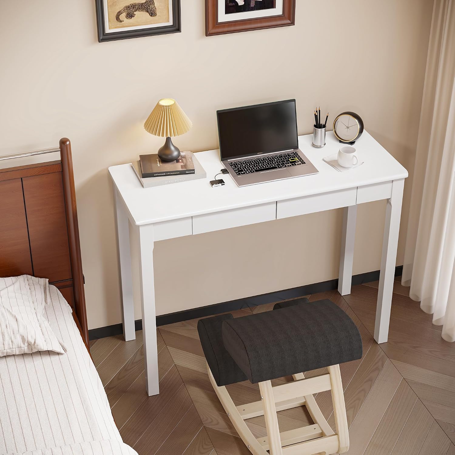 White Rubber Wood Desk with Drawers