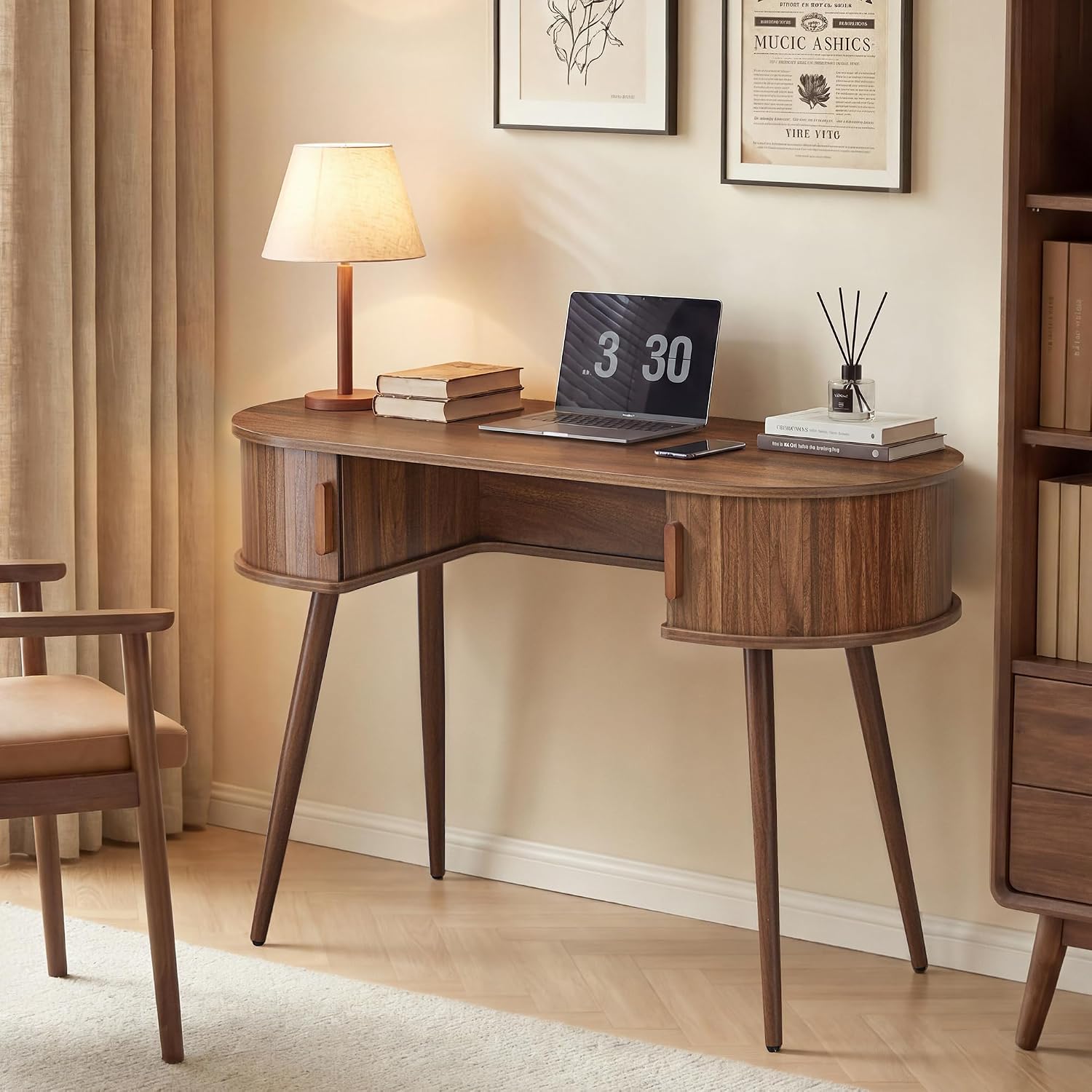 Walnut Oval Fluted Office Desk