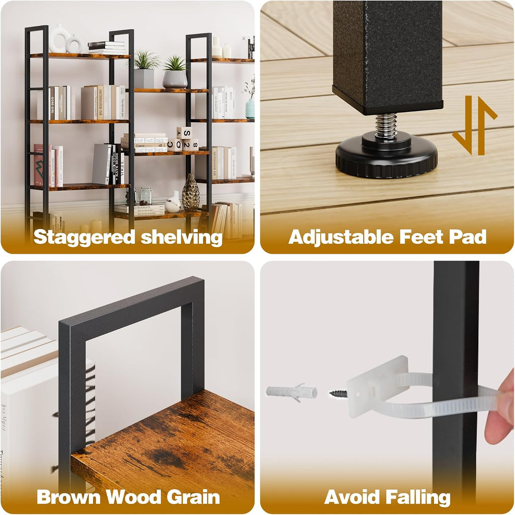 Brown Industrial Wide Triple Bookshelf