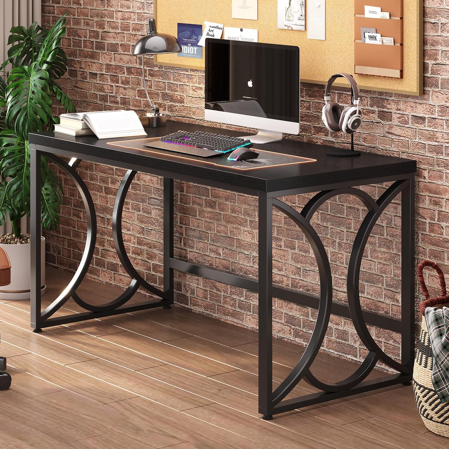 55 Inch Industrial Black Metal Wood Computer Desk