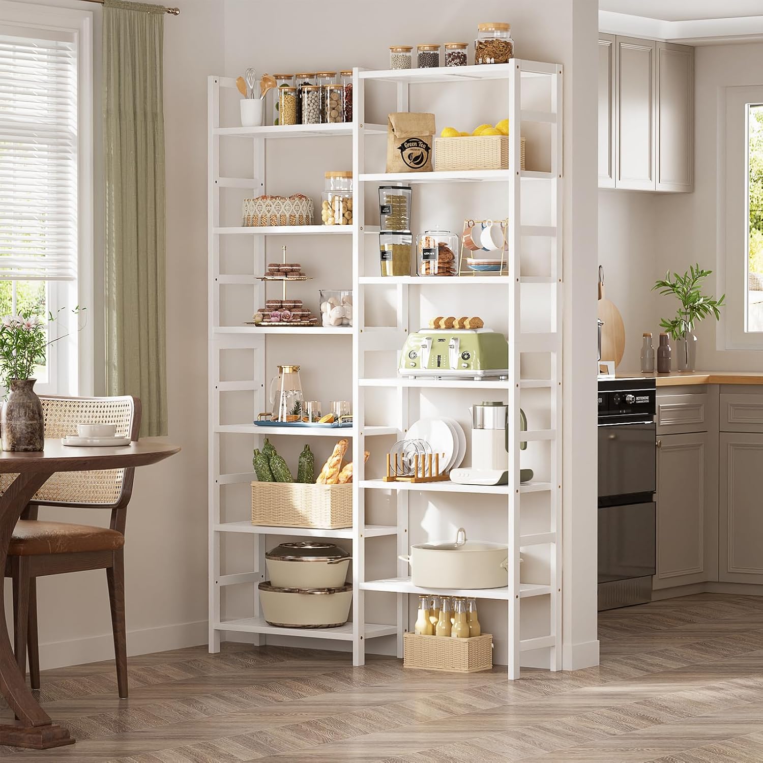 White Bamboo Double Wide 6-Tier Bookshelf