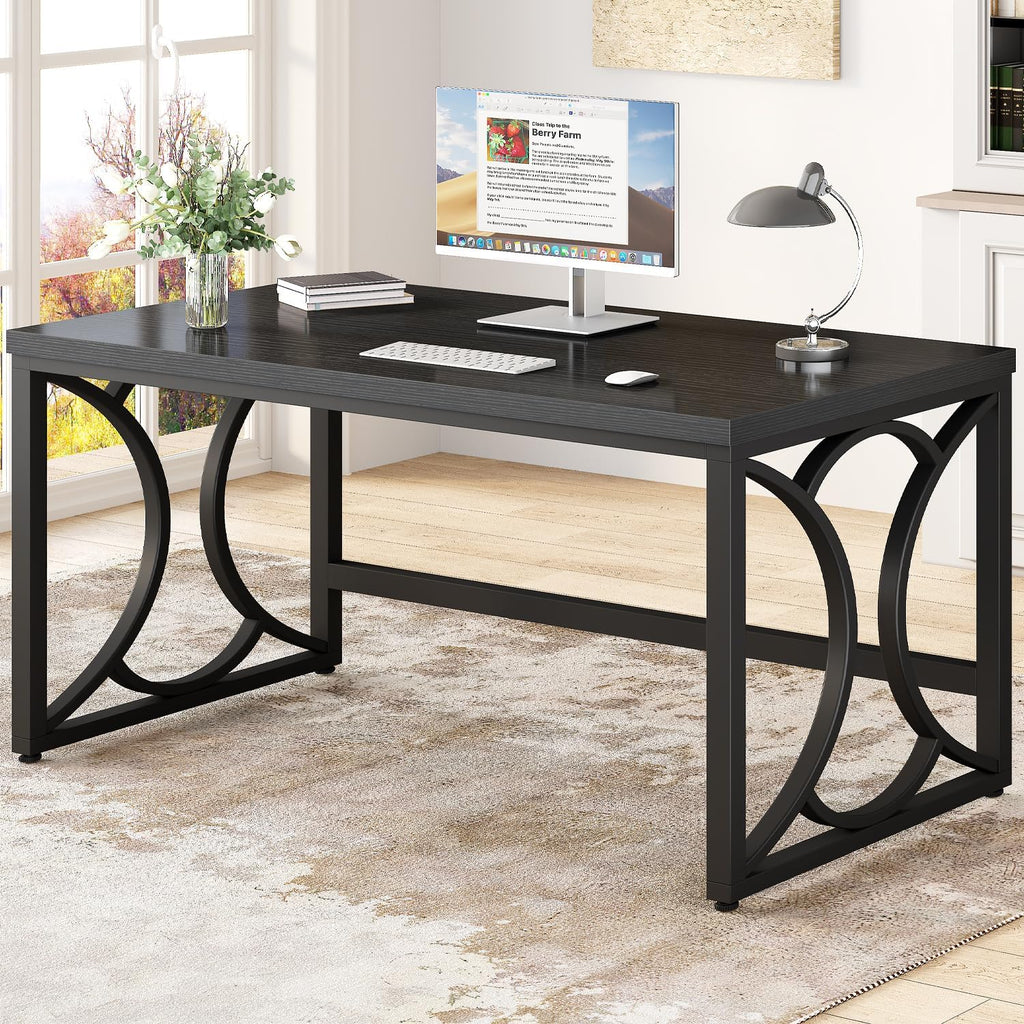 55 Inch Industrial Black Metal Wood Computer Desk