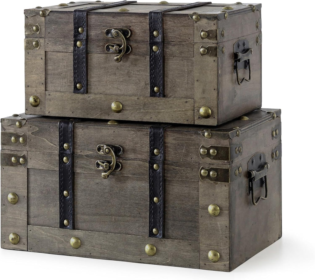 Set of 2 Antique Pirate Wooden Treasure Storage Chests