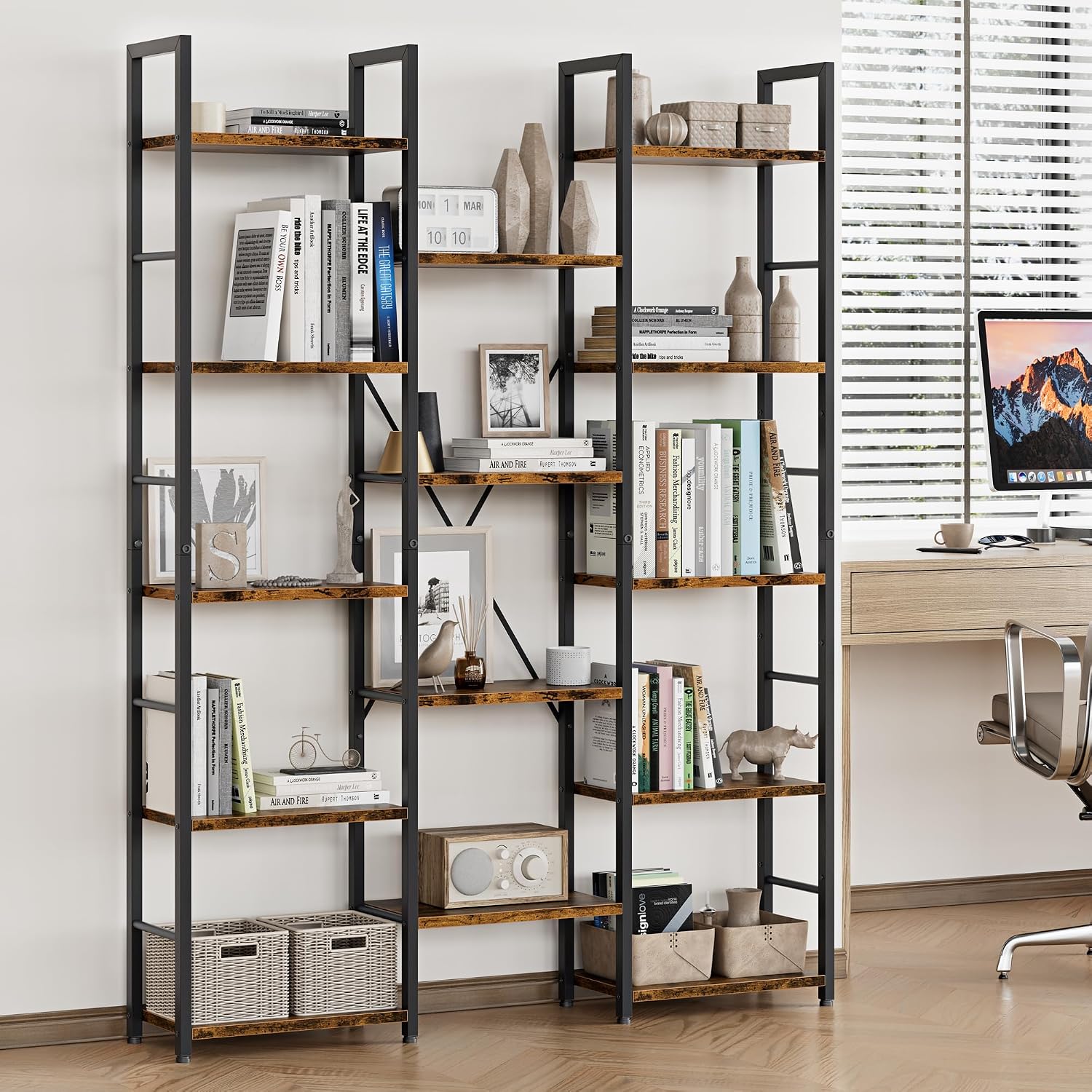 Brown Rustic Wood Metal 5-Tier Display Bookshelf