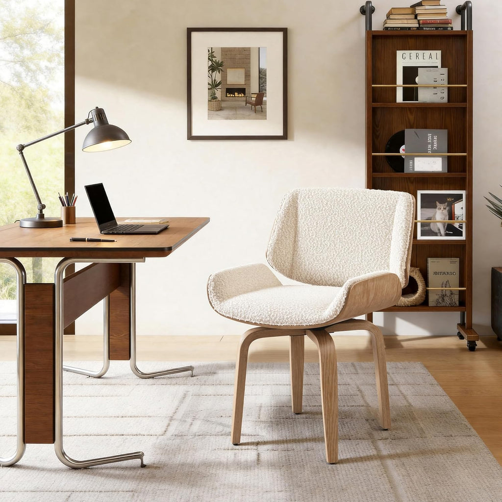 Off White Boucle Washed Oak Swivel Desk Chair