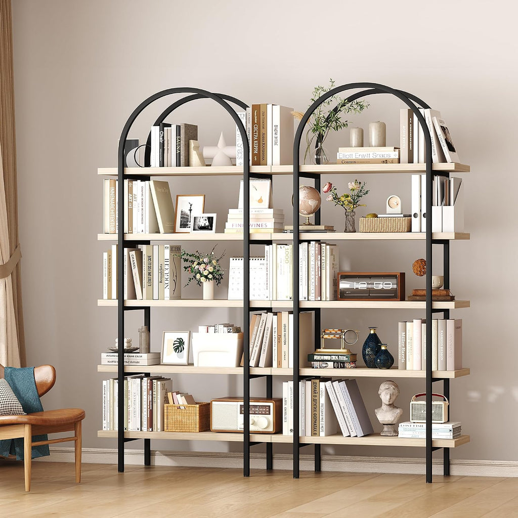 Natural Wood Arched 5-Tier Industrial Bookshelf