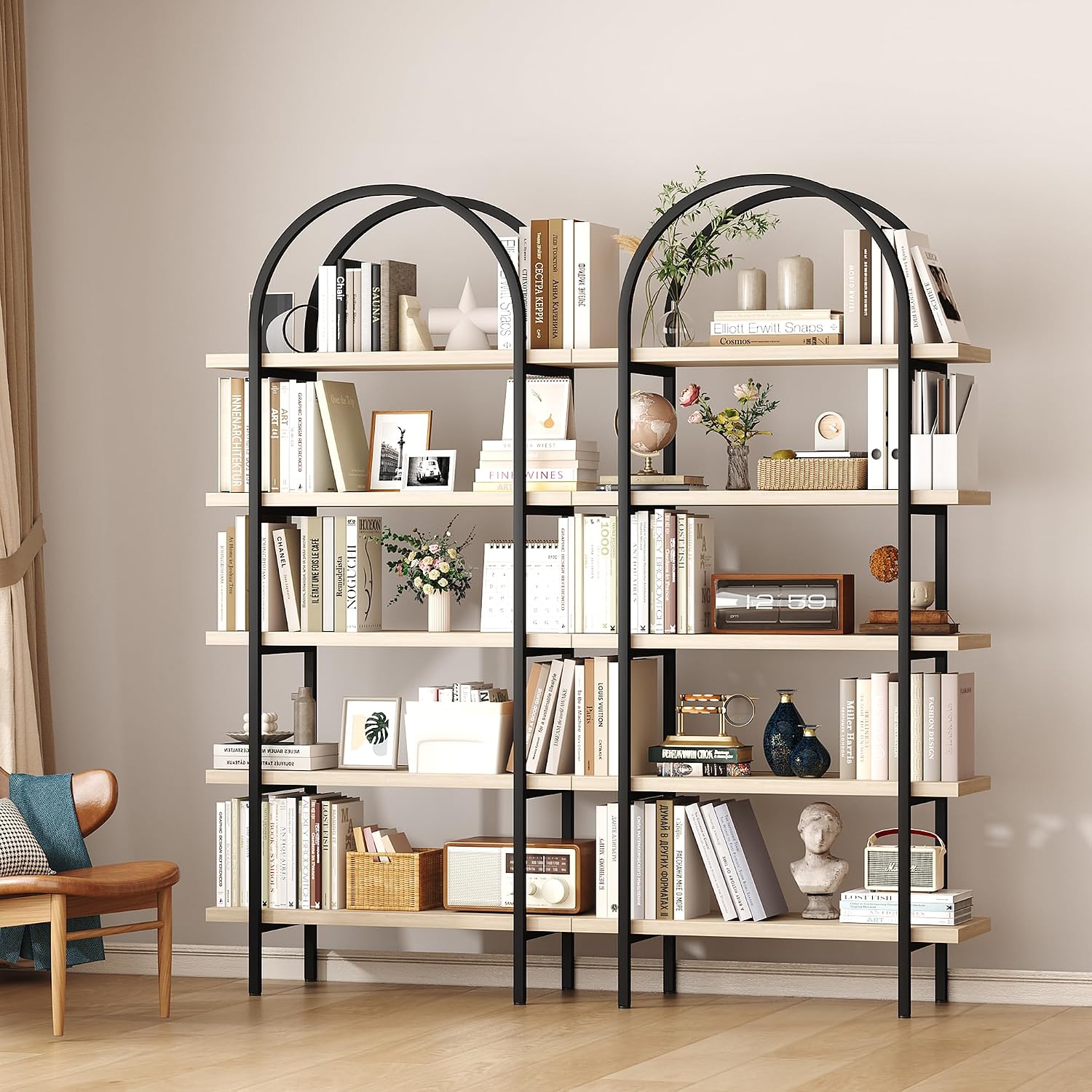 Natural Wood Arched 5-Tier Industrial Bookshelf