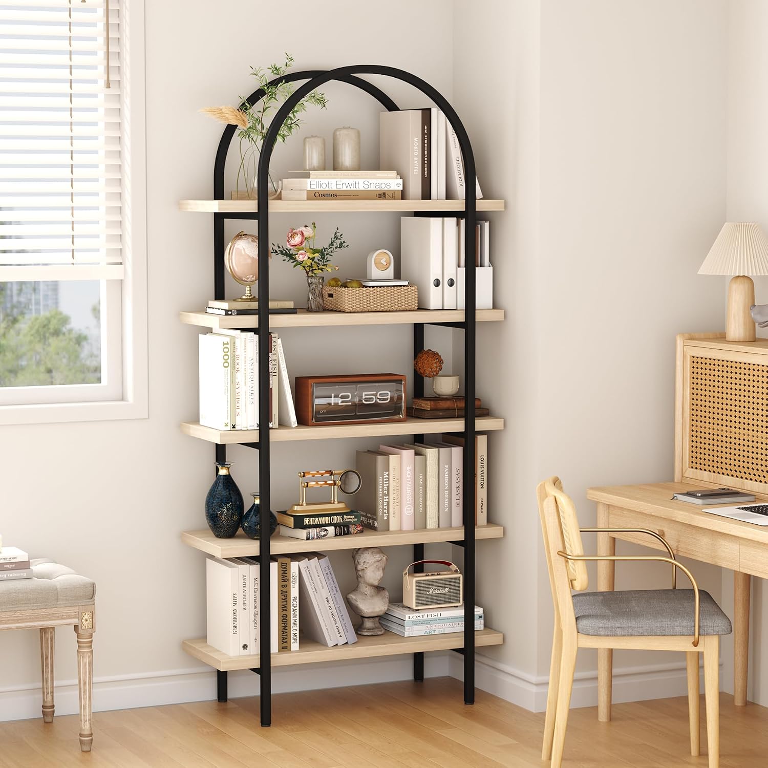 Natural Wood Arched 5-Tier Industrial Bookshelf