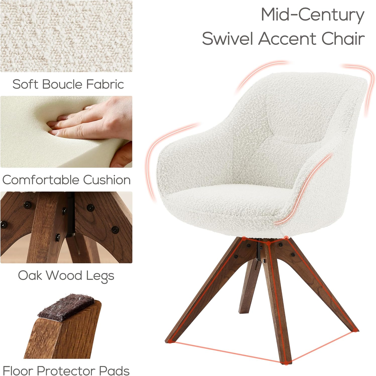 White Boucle Oak Leg Swivel Accent Chair