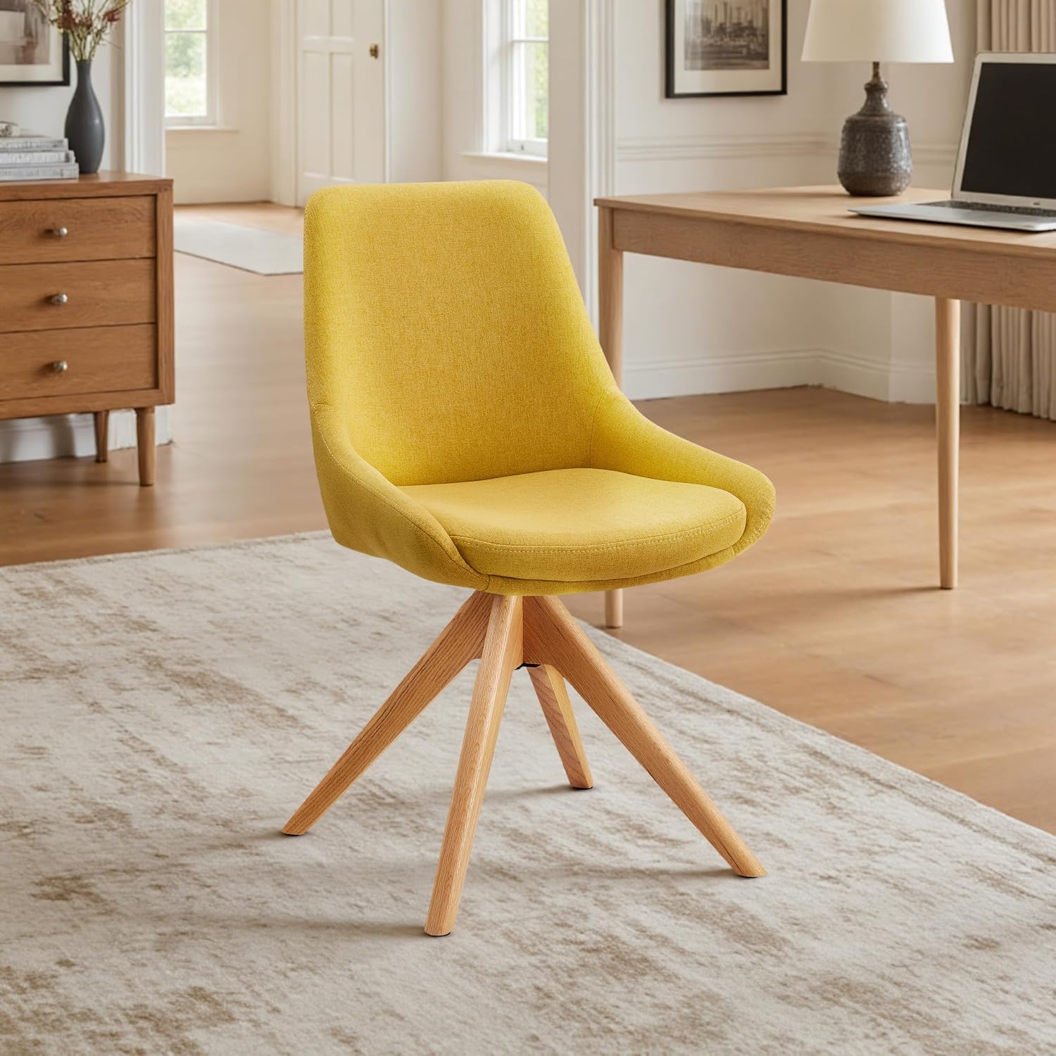 Yellow Fabric Mid Century Swivel Desk Chair