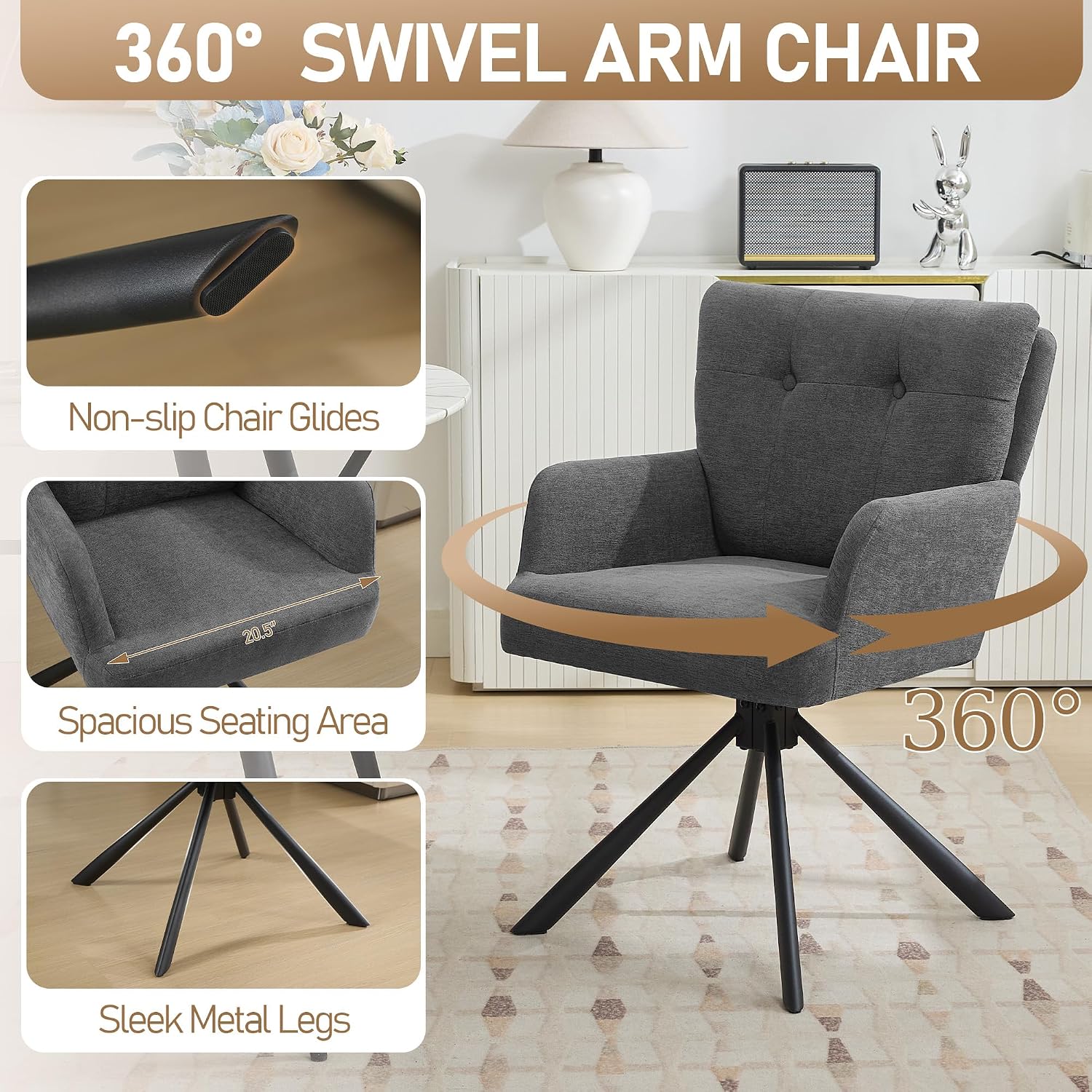 Grey Fabric Mid Back Swivel Dining Chair