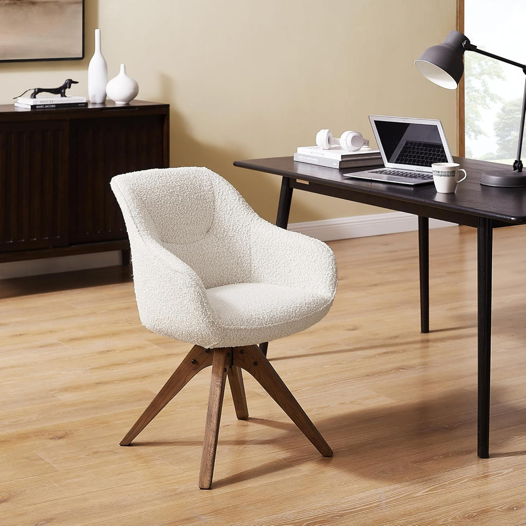 White Boucle Oak Leg Swivel Accent Chair