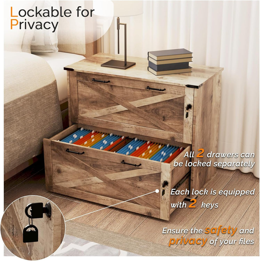 Rustic Gray Farmhouse Locked 2-Drawer Lateral File Cabinet