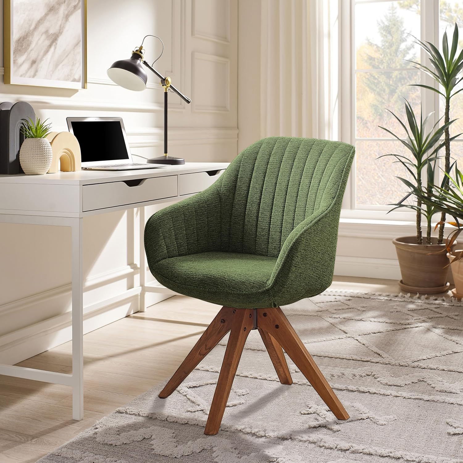 Green Wood Leg Swivel Vanity Accent Chair