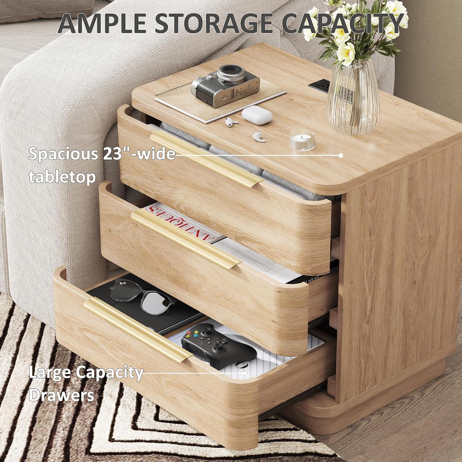 Set of 2 Charging Station 3-Drawer Wood Nightstands