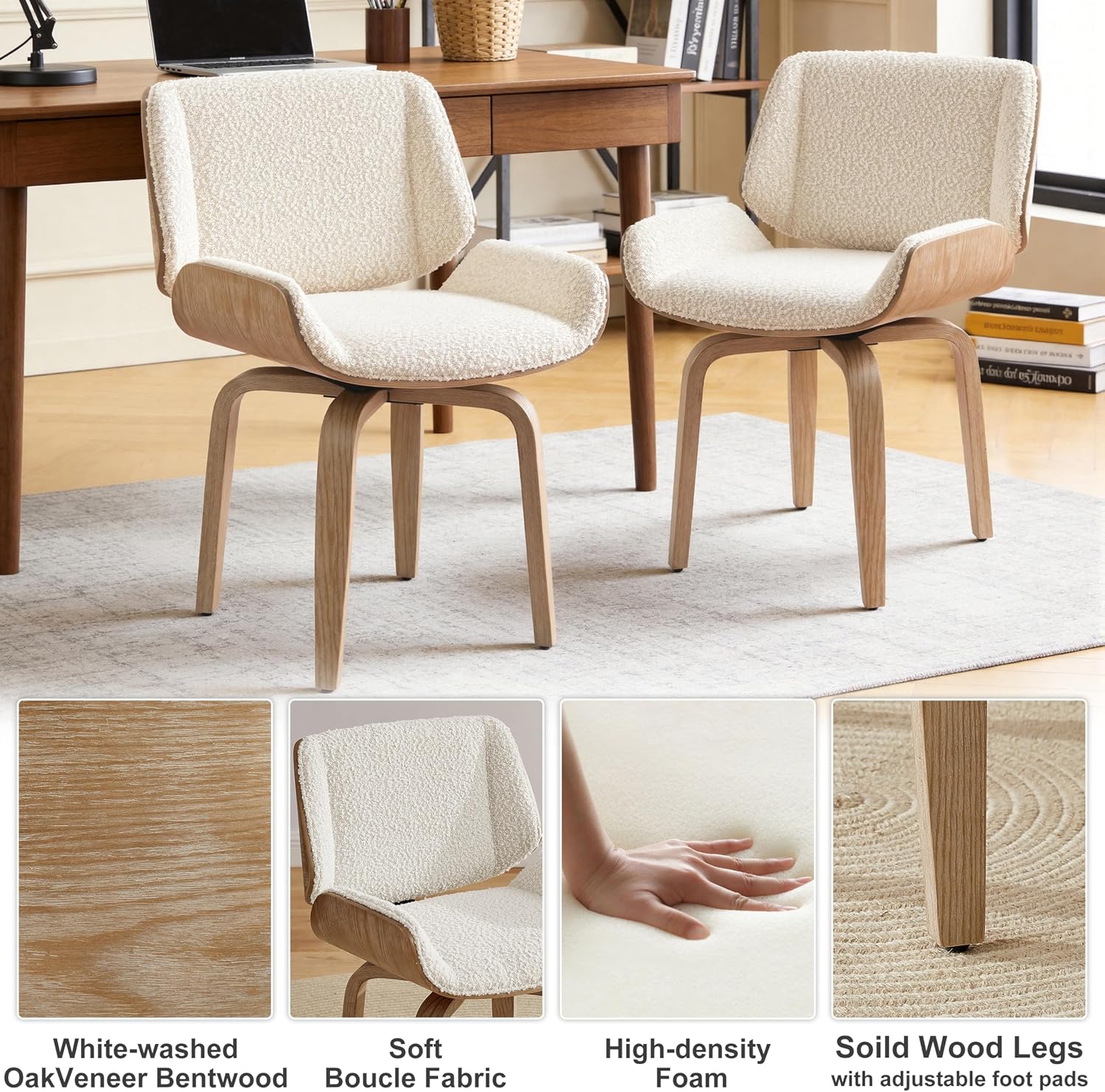 Off White Boucle Washed Oak Swivel Desk Chair