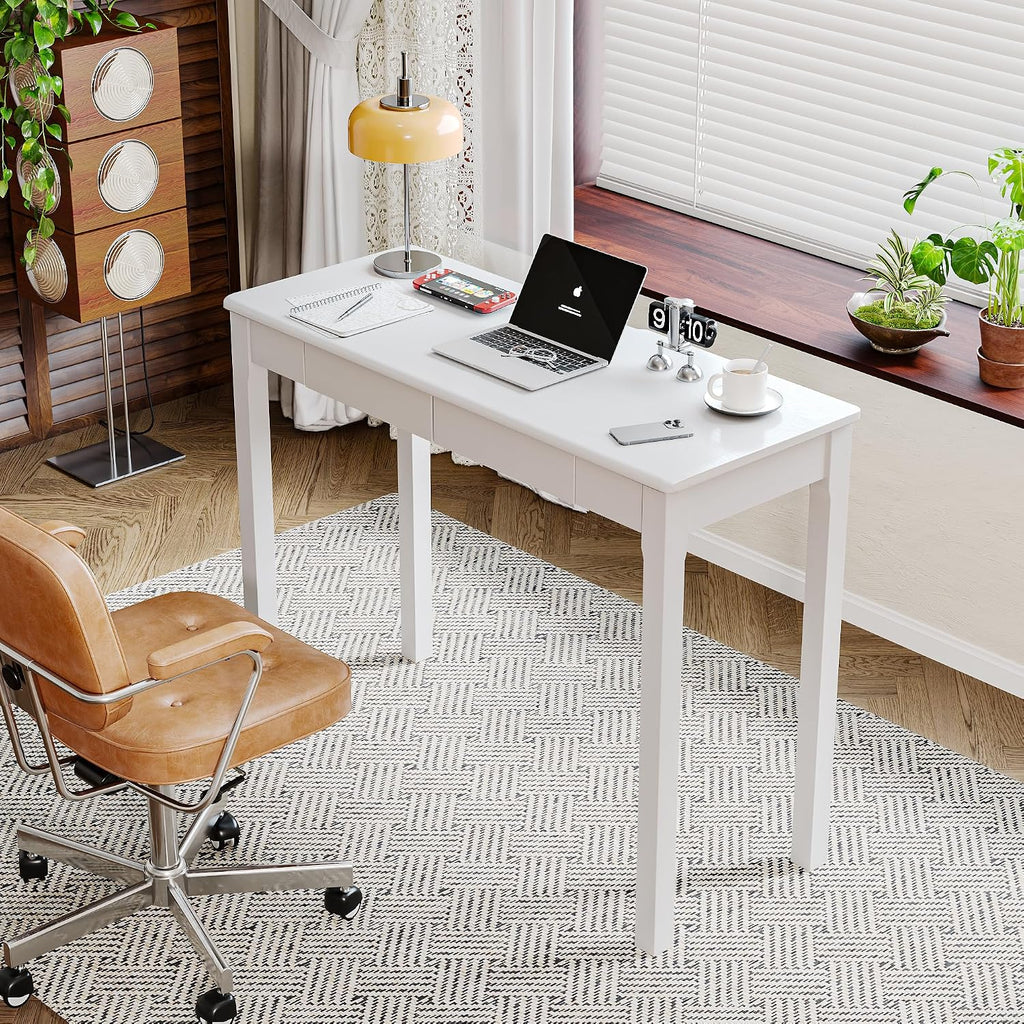 White Rubber Wood Desk with Drawers