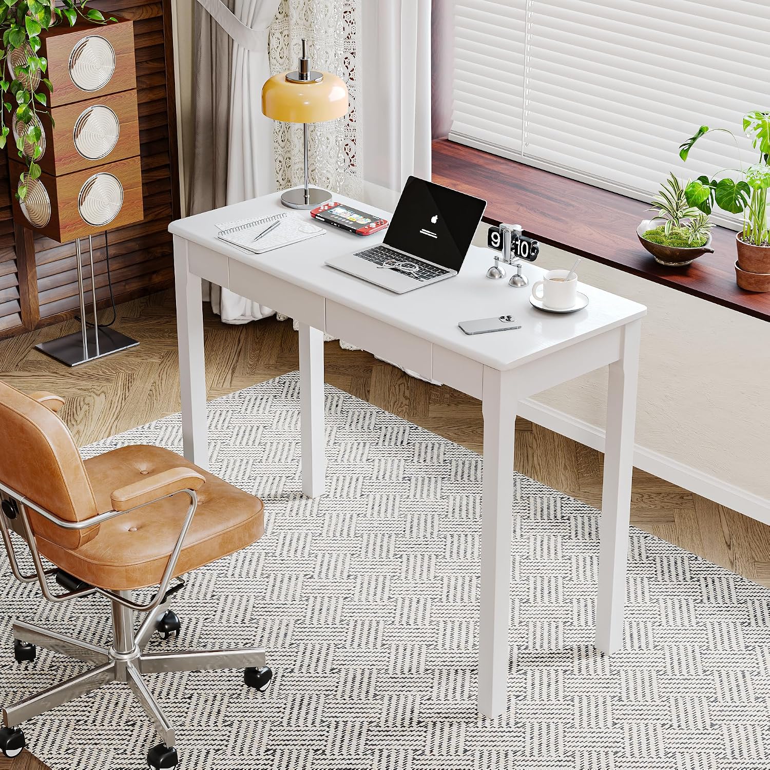 White Rubber Wood Desk with Drawers
