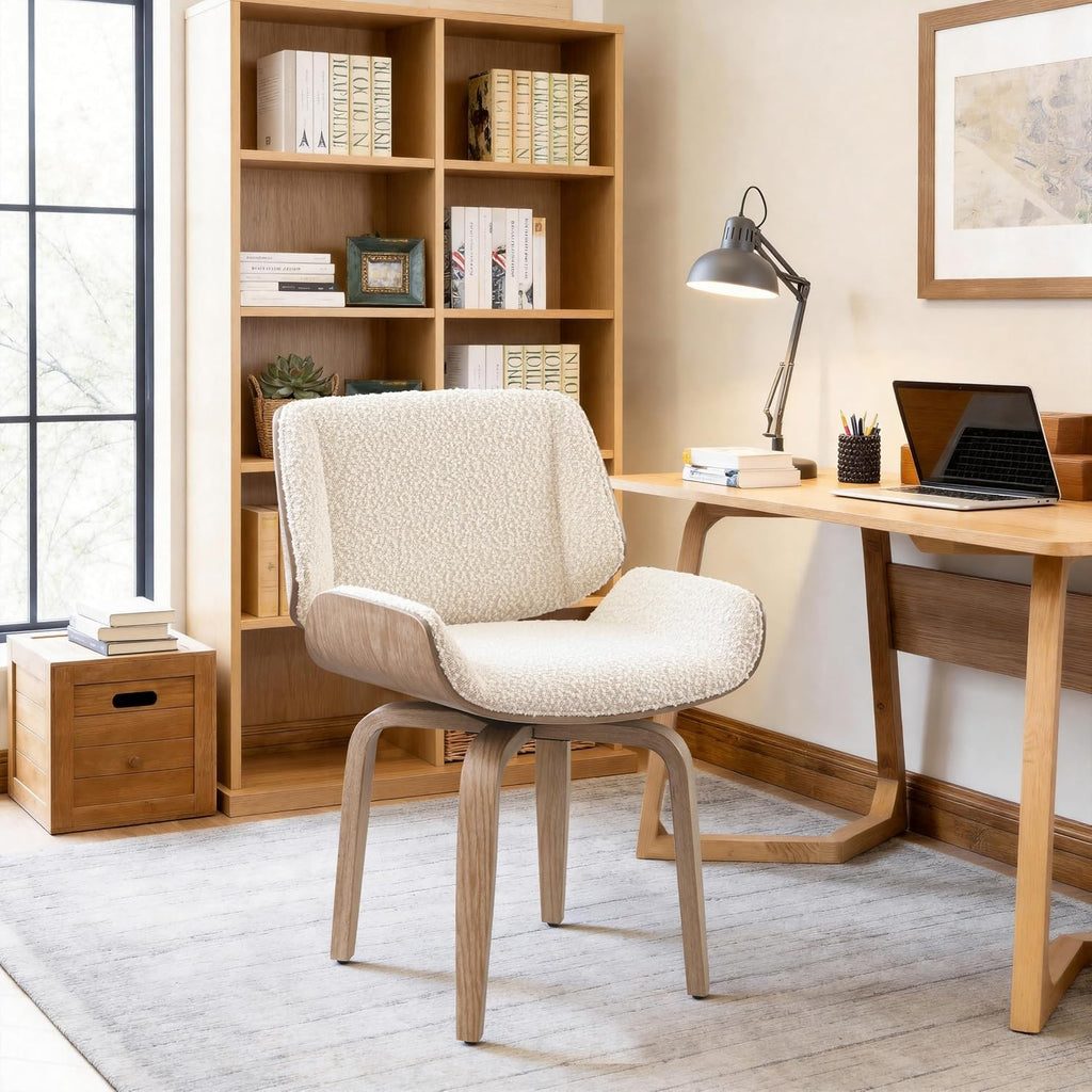 Off White Boucle Washed Oak Swivel Desk Chair