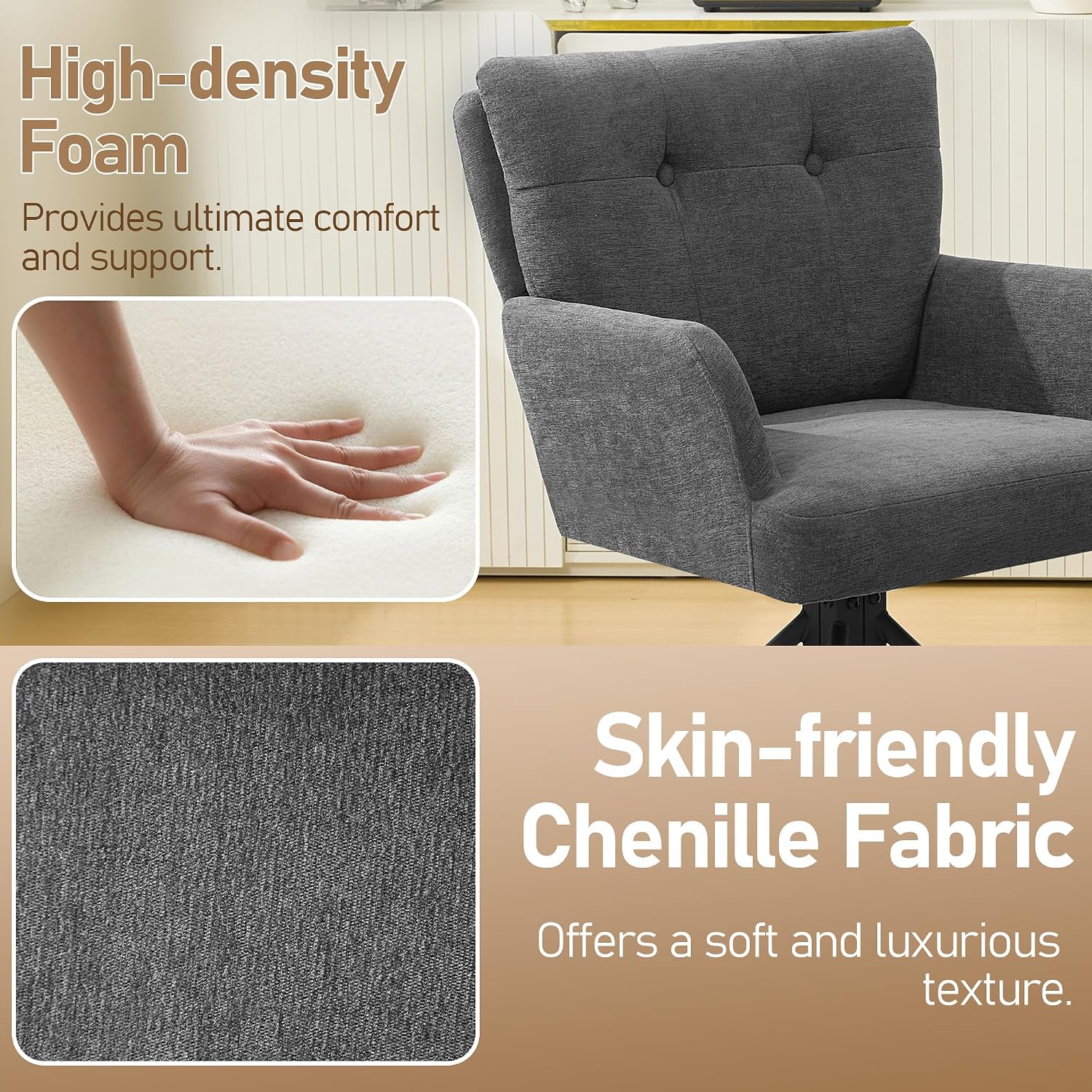 Grey Fabric Mid Back Swivel Dining Chair
