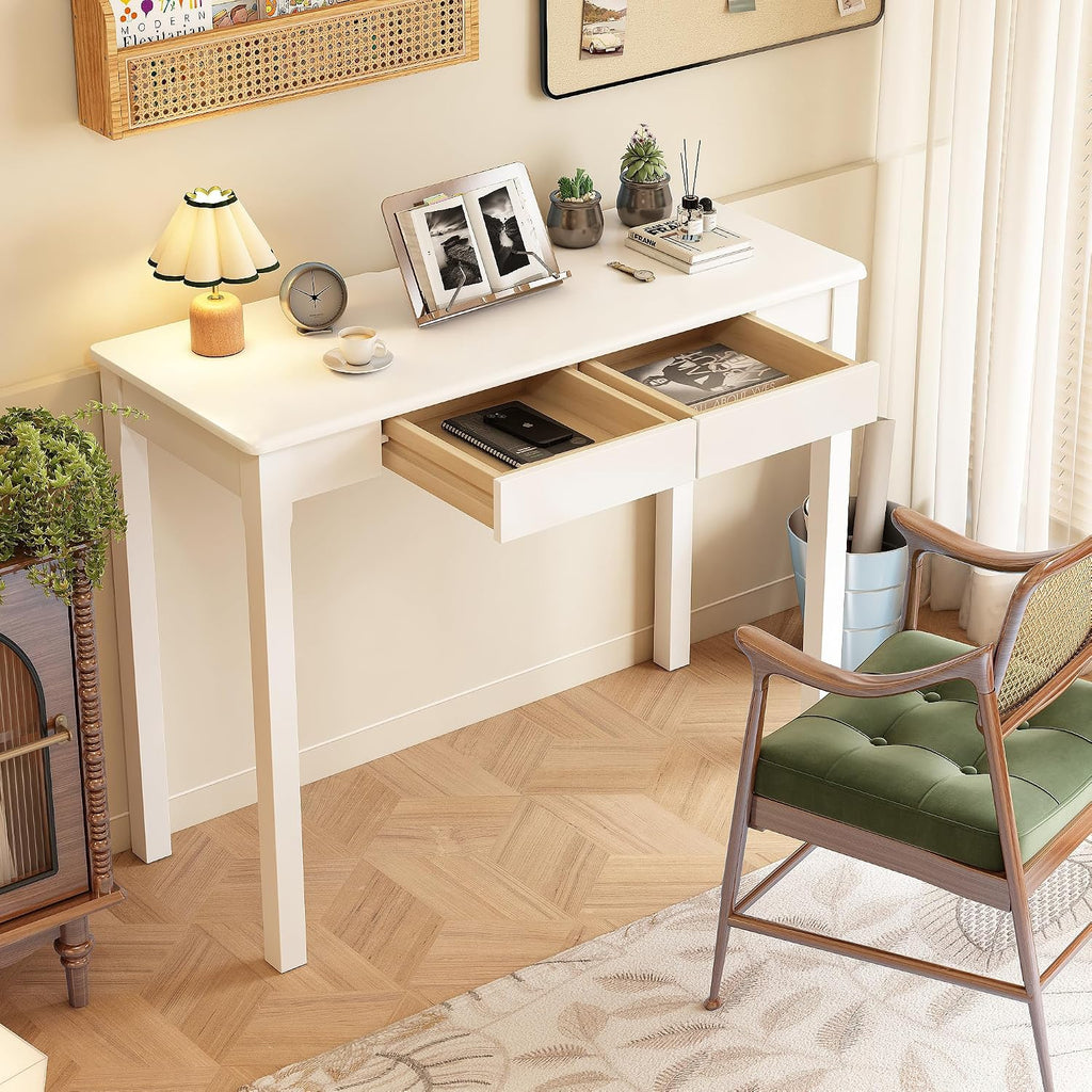 White Rubber Wood Desk with Drawers