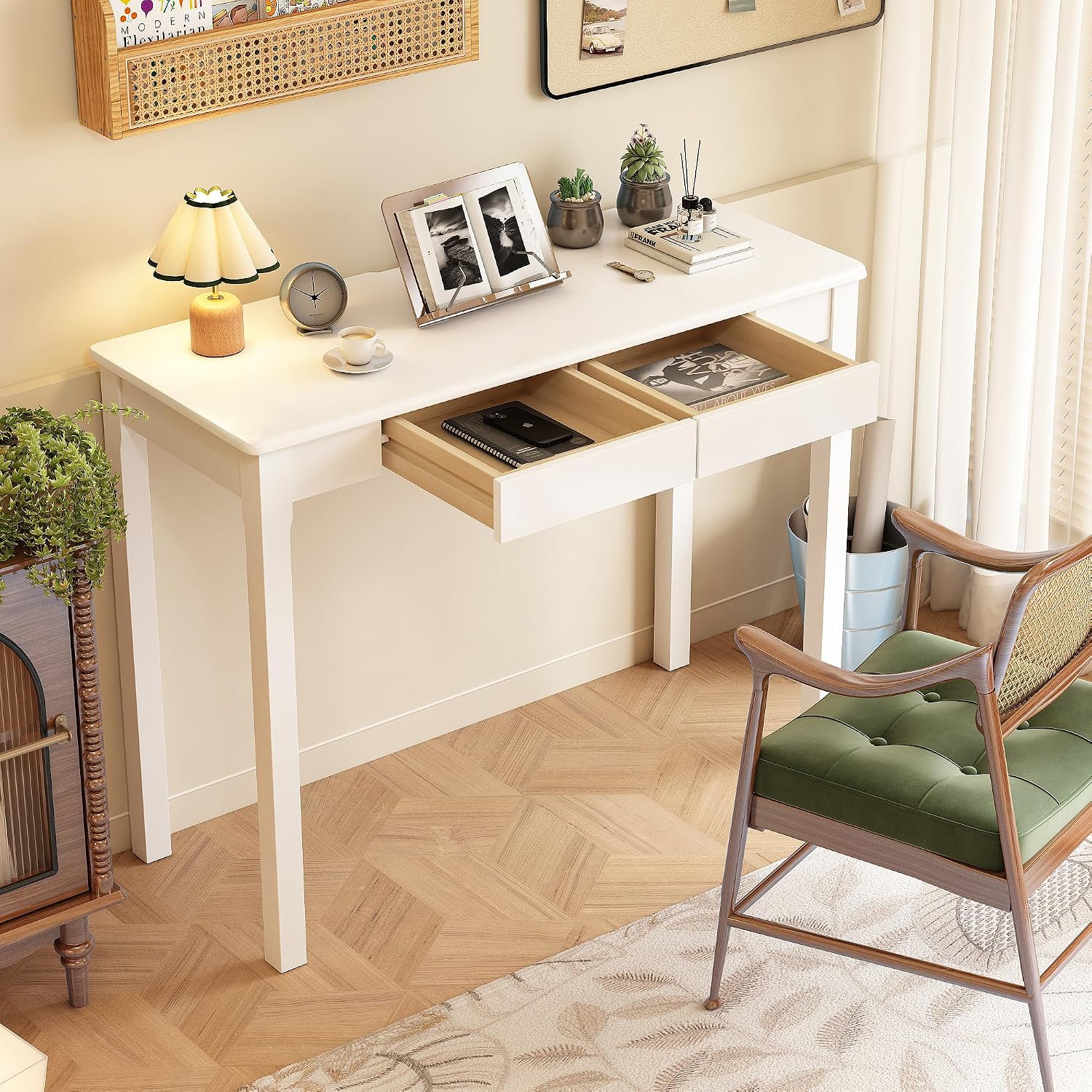 White Rubber Wood Desk with Drawers
