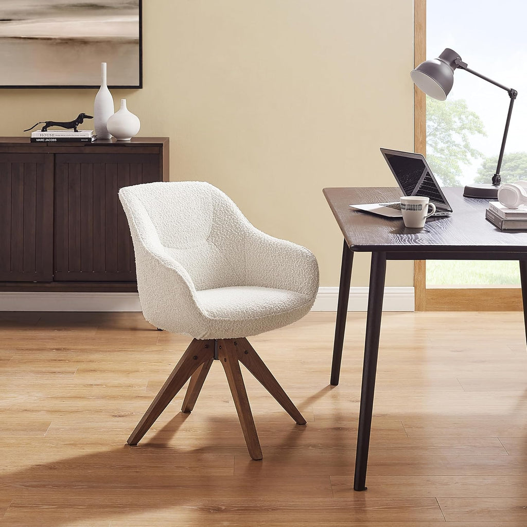 White Boucle Oak Leg Swivel Accent Chair