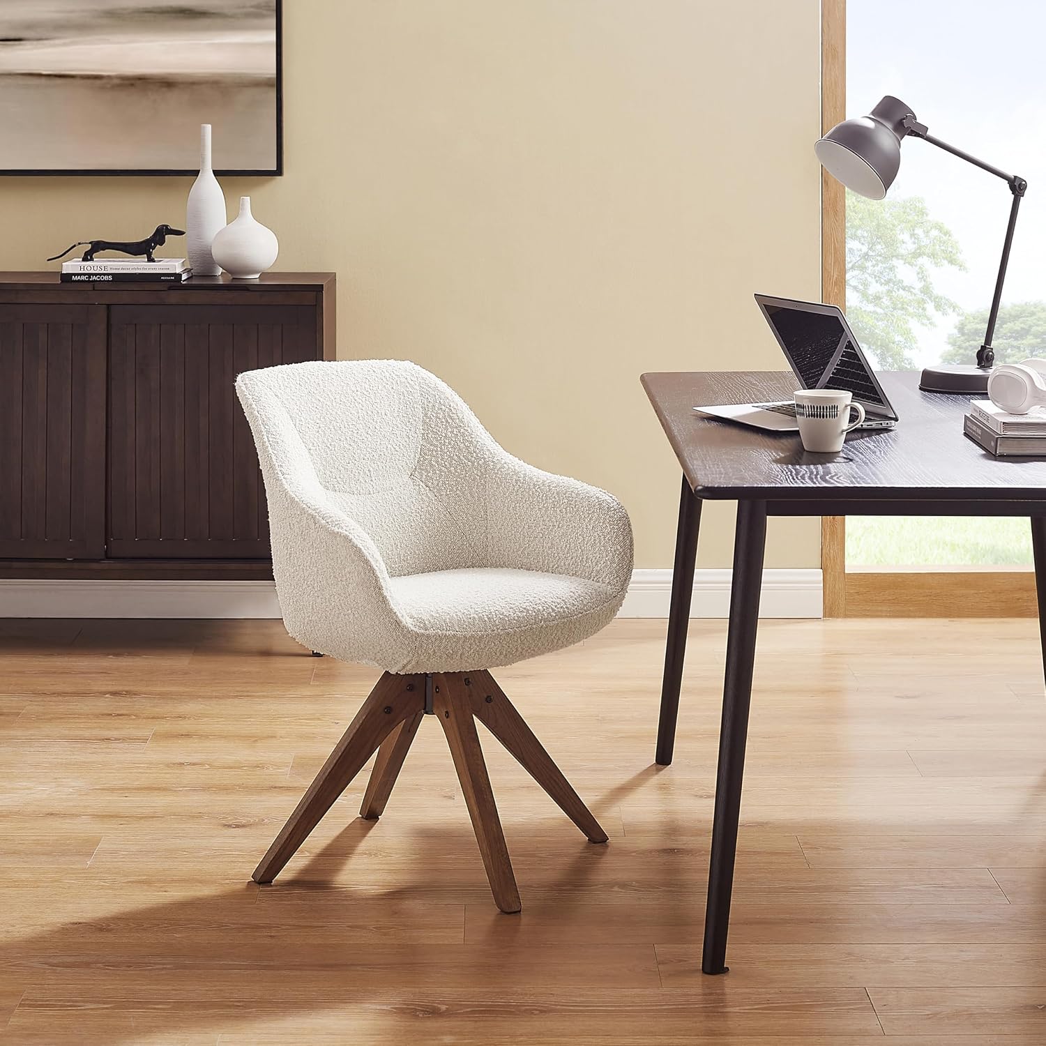 White Boucle Oak Leg Swivel Accent Chair