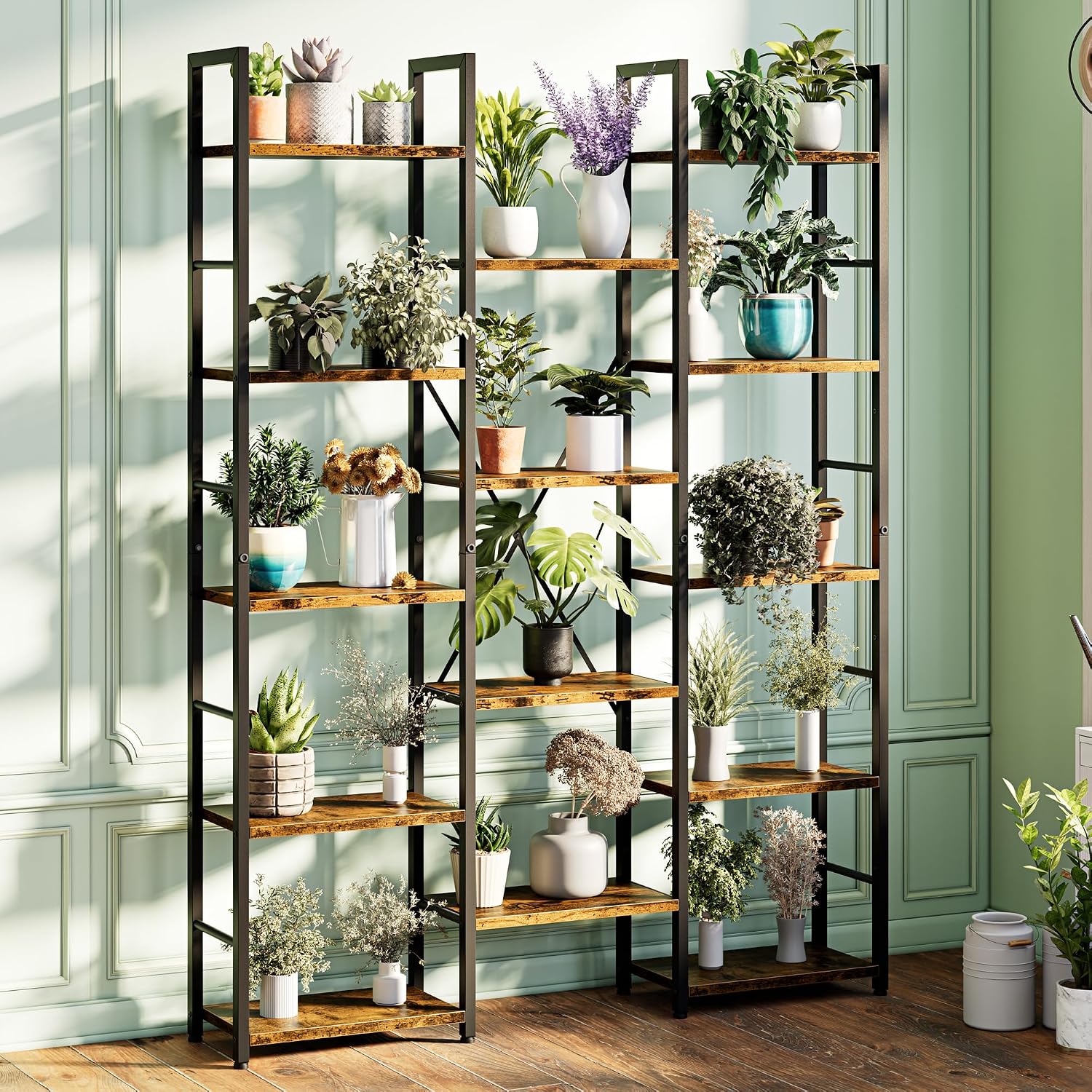Brown Rustic Wood Metal 5-Tier Display Bookshelf