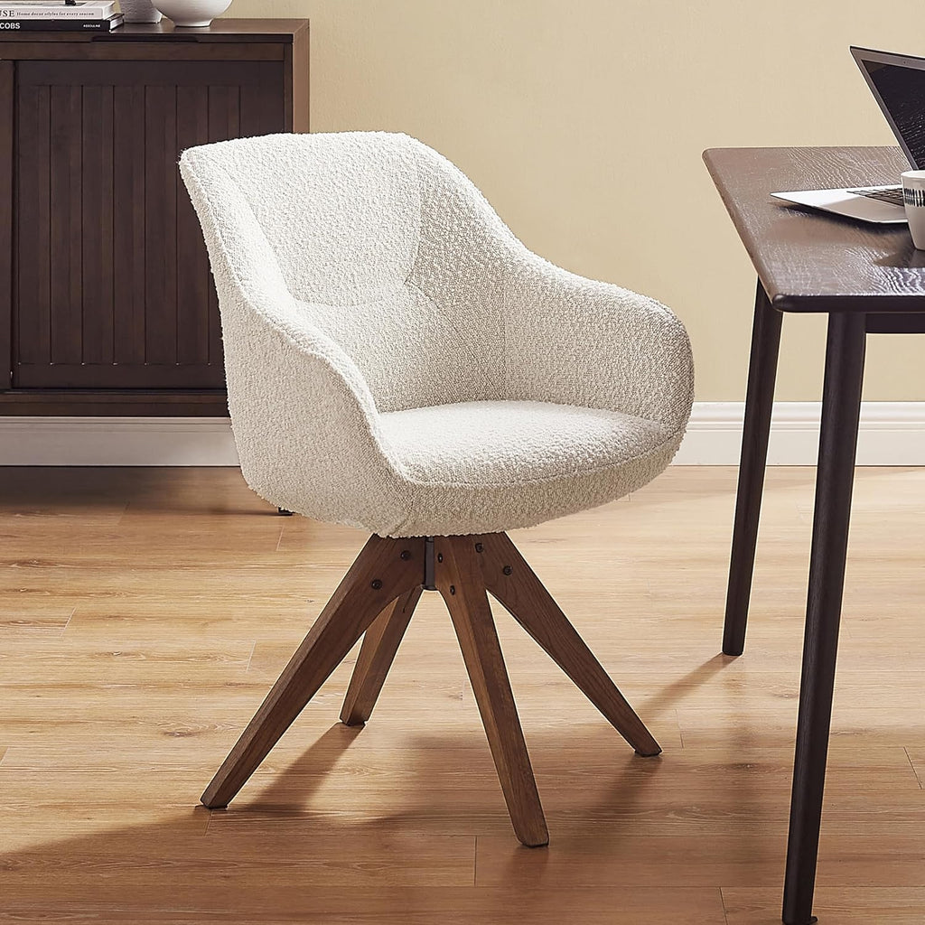White Boucle Oak Leg Swivel Accent Chair