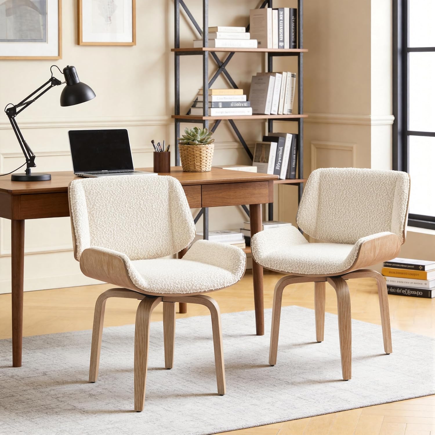 Off White Boucle Washed Oak Swivel Desk Chair